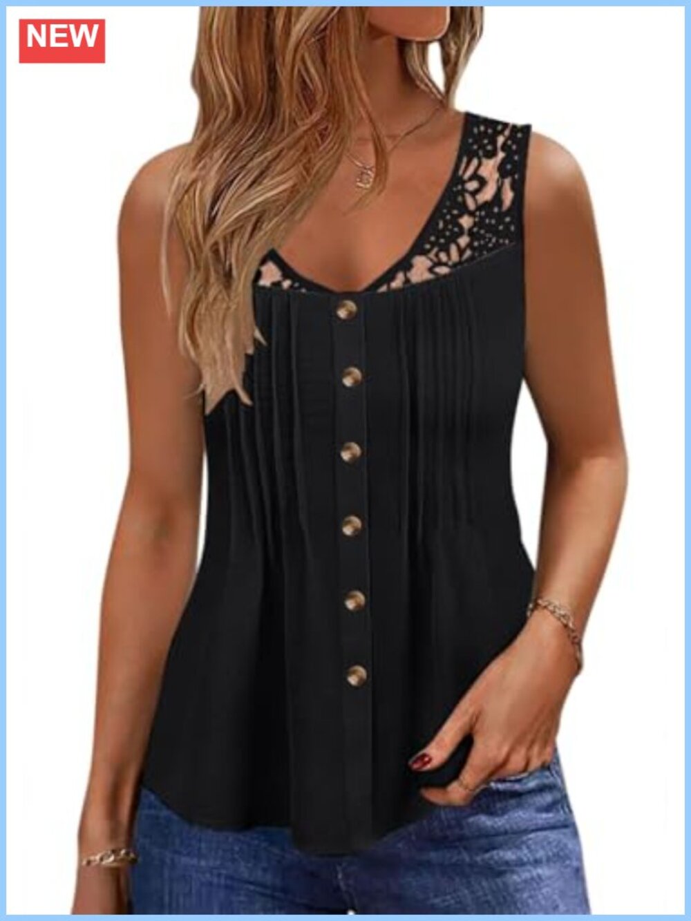 Women's Sleeveless V-Neck Tank Top Lace Trim Pleated Front Blouse